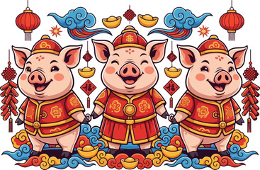 Naklejka premium Three Zodiac Pigs in a Row – High-Detail New Year Vector Art