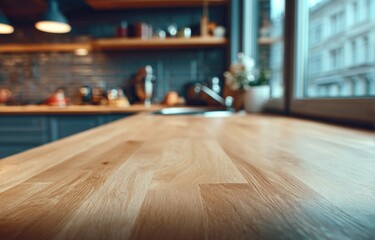 Close-up of wooden countertop with kitchen in soft focus background, natural light