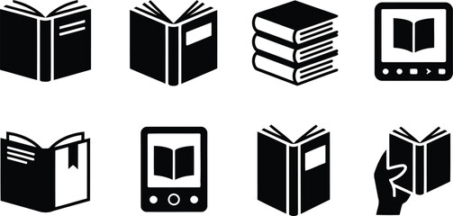 Eight black silhouette icons illustrating various aspects of books and e reading