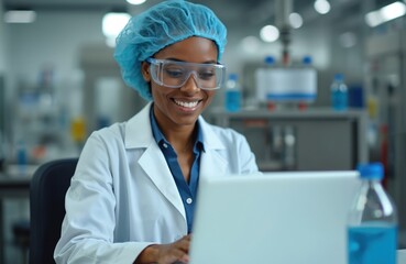 Black female scientist works with laptop in laboratory. Woman wears coat and hair cap with safety glasses. Researcher works on computer at food factory lab. Chemist analyzes data with smile.