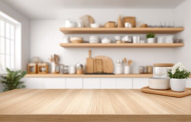 Fototapeta premium Blurry kitchen interior with a wooden table in the foreground. Shelves and counter in background