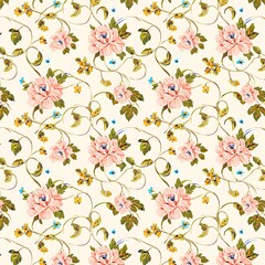 Seamless floral pattern with pink flowers and decorative nature elements