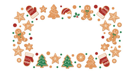 Festive Christmas frame made of cute gingerbread cookies including men trees stars and mittens decorated for the holiday season.