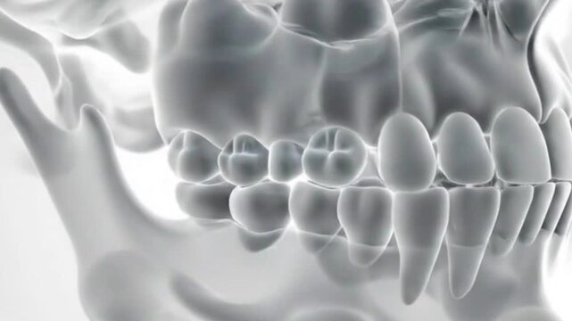 X ray view of human skull showing teeth and bone structure in white and gray tones anatomy study