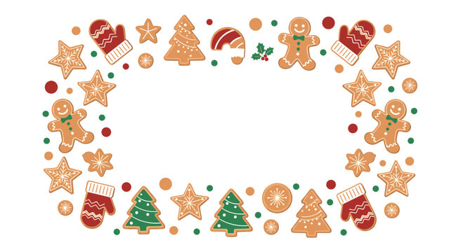 Festive Christmas frame made of cute gingerbread cookies including men trees stars and mittens decorated for the holiday season.