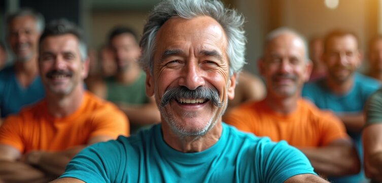 Happy older man with grey hair big moustache smiles. Group of diverse men workout together in fitness class. Support Movember, promoting men health, wellness awareness. Senior males exercise for