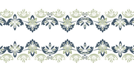 Elegant seamless horizontal border with abstract floral damask patterns in muted green and blue for a vintage decorative design.
