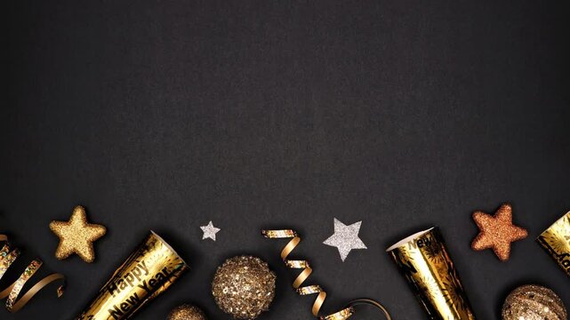 New Years Eve moving bottom border of glittery gold stars, streamers, decorations and noisemakers. Stop motion loop video. Above view on a black background.
