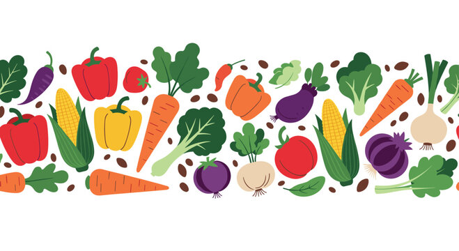 Seamless horizontal border pattern made of various colorful and healthy flat design vegetables for a fresh and organic banner.
