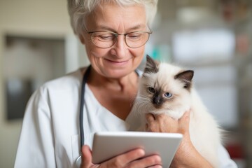 Senior Veterinarian Using Tablet for Consultation with a Himalayan Cat