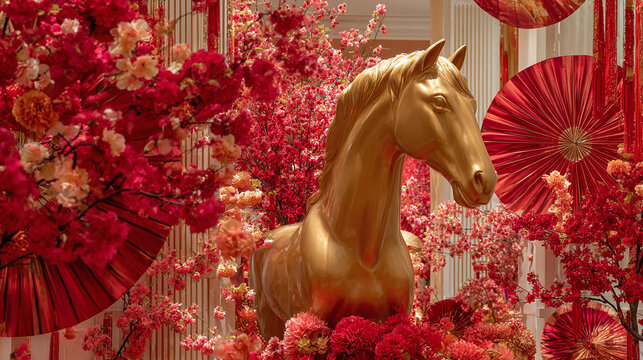 A festive display featuring a golden horse statue, red fans, and blossoms to celebrate the 2026 Chinese New Year with vibrant decor and traditional symbolism