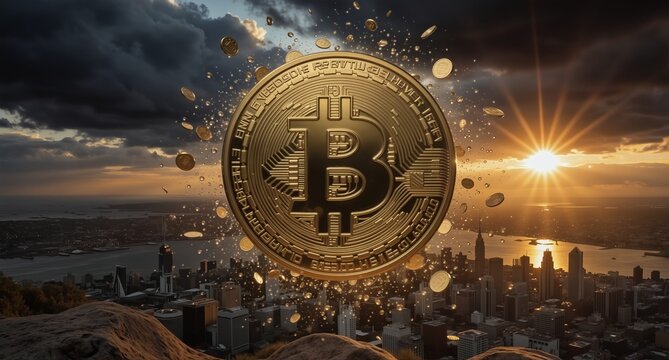 bitcoin cryptocurrency concept with a city skyline and golden coins at sunset.