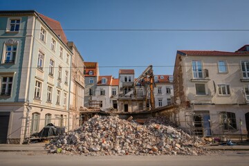 Demolition Debris Pile in Historic City Street