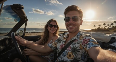 young couple enjoying a scenic drive in a convertible with ocean view during sunset vacation.
