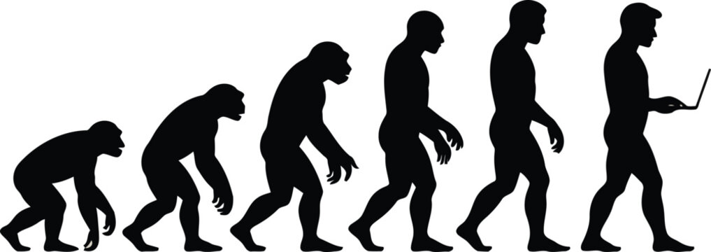 A sequence of human evolution silhouettes progressing from ape to modern human with a laptop