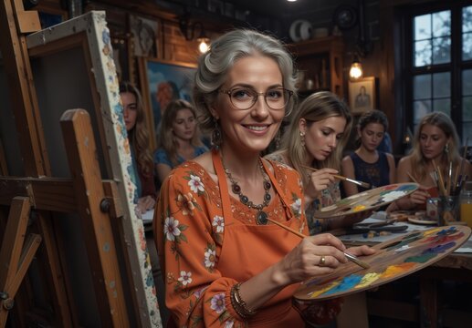 smiling mature woman teaching art class with diverse students in studio setting.