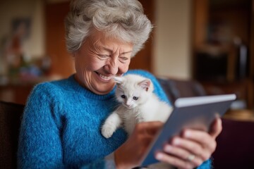 Happy Senior Woman with a White Kitten Using Tablet for a Vet Call