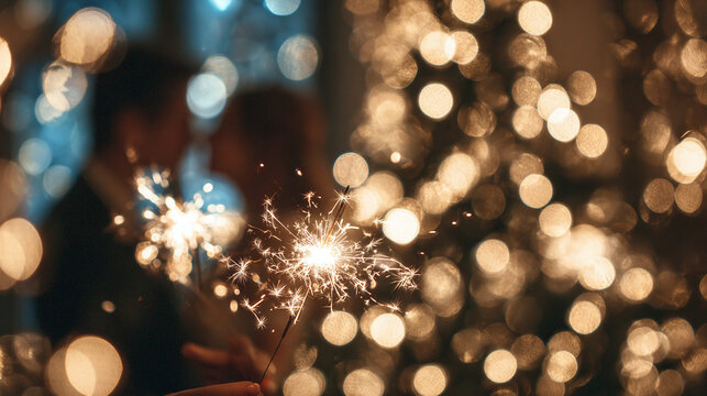 Happy New Year 2026 greeting card, bokeh lights. Lovely couple with sparklers together near Christmas tree in room - Powered by Adobe
