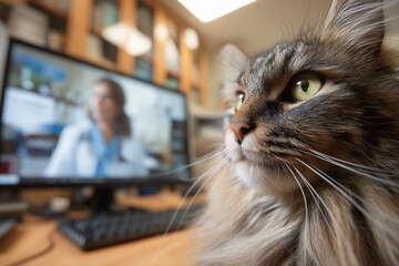 Close-up of a Cat Watching an Online Veterinarian on Screen