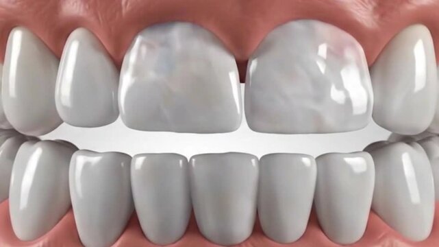 Close up view of a set of teeth with gums showing the upper and lower rows in a dental presentation