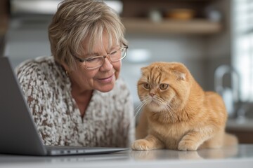 Elderly Woman and Her Scottish Fold Cat at a Virtual Vet Appointment