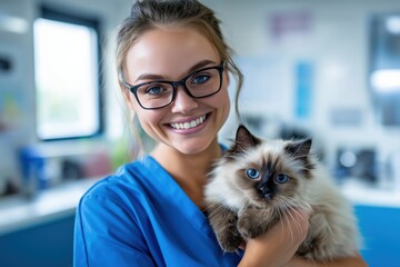 Portrait of a Smiling Female Vet Holding a Beautiful Siamese Cat