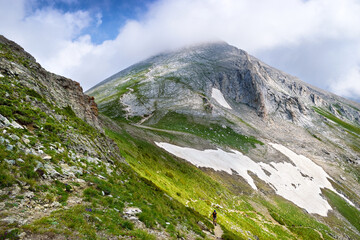 The rocky summit of Mount Vihren (2,914 m), the highest peak of the Pirin Mountains and the...
