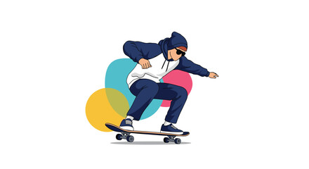 A cool young skateboarder in a hoodie and sunglasses performs a trick while riding a skateboard against a colorful abstract background.