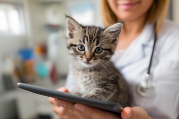 Veterinarian Holding a Tablet with a Cute Tabby Kitten Nearby