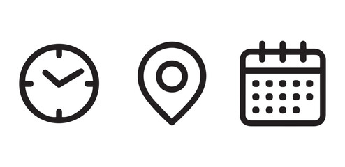 Clock,location pin, and calender in line icon.ideal for interface,travel,event,time,and navigation related design. Clean and simple vector design.