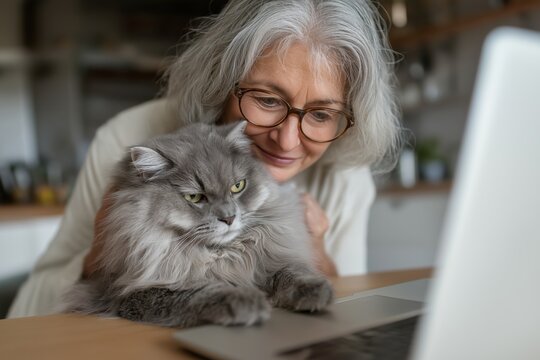 Elderly Woman with Her Fluffy Gray Cat Using a Laptop for Vet Help