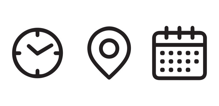 Clock,location pin, and calender in line icon.ideal for interface,travel,event,time,and navigation related design. Clean and simple&nbsp;vector&nbsp;design.