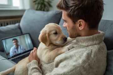 Young Man Holding His Puppy During an Online Vet Consultation
