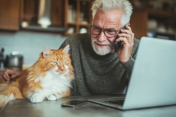 Smiling Senior Man on the Phone with His Cat and a Laptop