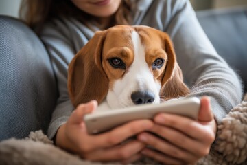 Woman and Her Beagle Dog Watching a Vet on Her Smartphone