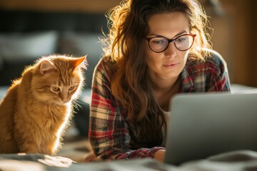 Woman and Her Cat Focused on a Laptop During a Vet Telehealth Session
