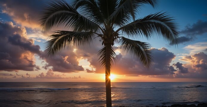 tropical palm tree silhouette against vibrant sunset over ocean waves, idyllic beach scene. - Powered by Adobe