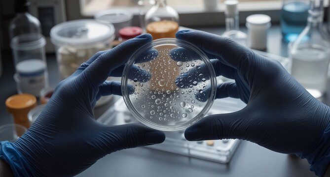 scientist examining a petri dish with liquid culture in a laboratory setting