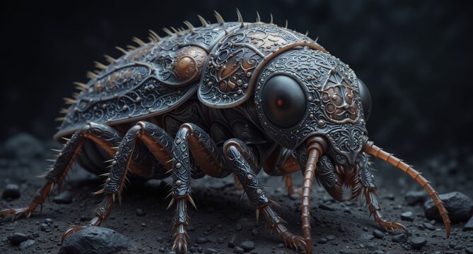 intricate steampunk insect with detailed ornamental armor and glowing red eyes on rocky ground.