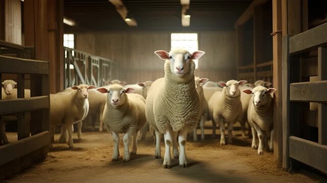 Sheep herd inside wooden barn in daylight  