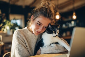 Woman Comforting Her Cat While Using a Laptop for an Online Vet Call