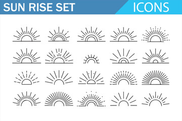 Rising sun and dawn symbols thin line icon pack