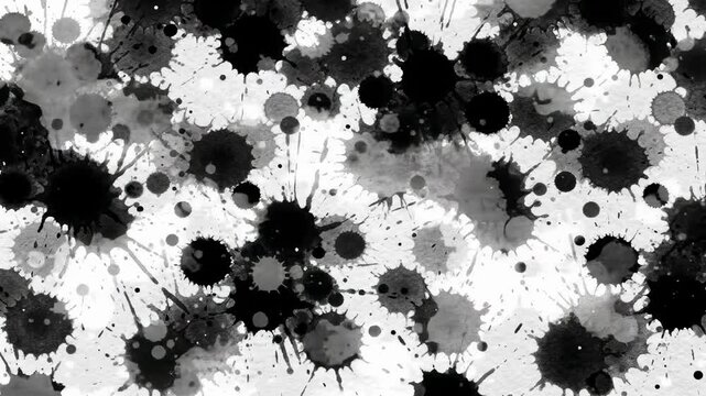 Black and white abstract ink splatter pattern on a textured surface background