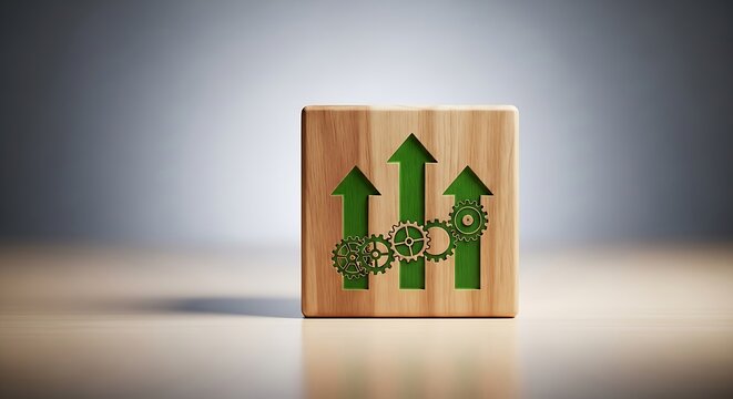 Wooden block with three green upward arrows and interlocking gears symbolizing growth, progress, and sustainable business development