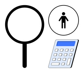 Magnifying glass, person icon in a circle, and calculator suggesting analysis, recruitment, calculation, and problem-solving. Ideal for research, HR, education analytics decision-making