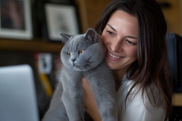 Happy Woman Hugging Her British Shorthair Cat During a Virtual Vet Visit
