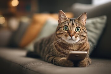 Cute Tabby Cat Using a Smartphone for a Virtual Vet Consultation at Home