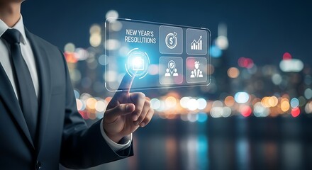 Businessman interacting with futuristic holographic screen displaying business result icons against a blurred city night background