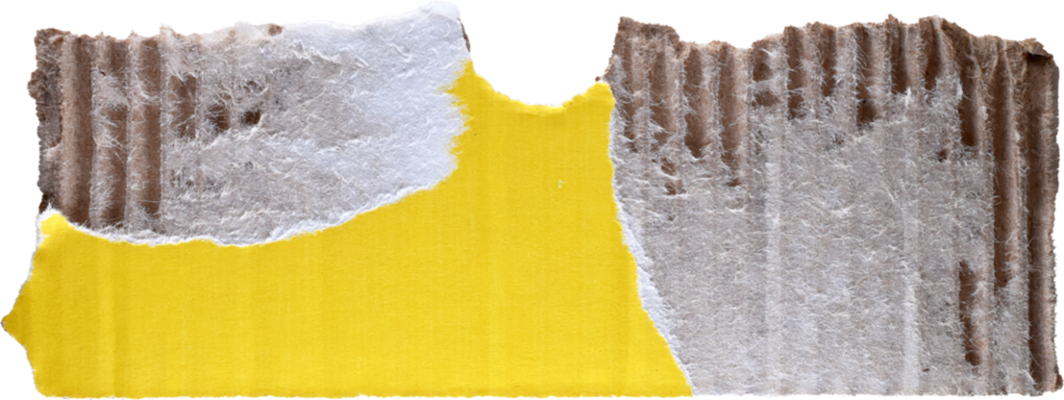 Torn Cardboard Strip with Yellow Tape. Narrow strip of corrugated cardboard with yellow tape across the center, isolated on a white background. Perfect for graphic design, collage, or packaging-themed