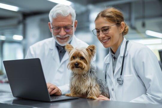 Two Veterinarians with a Yorkshire Terrier Using a Laptop for Consultation - Powered by Adobe